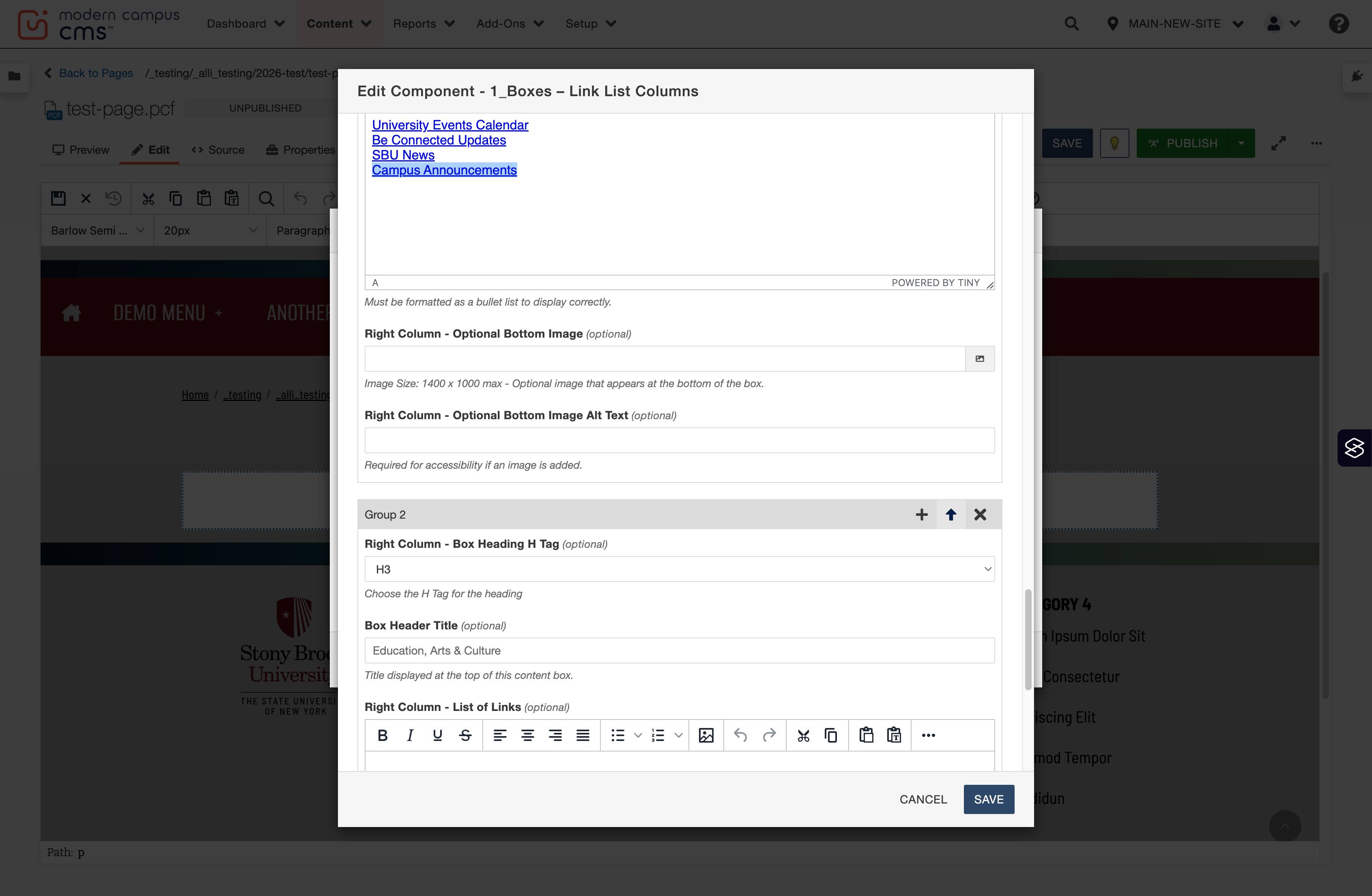 Element group controls showing up and down arrows for reordering link groups.