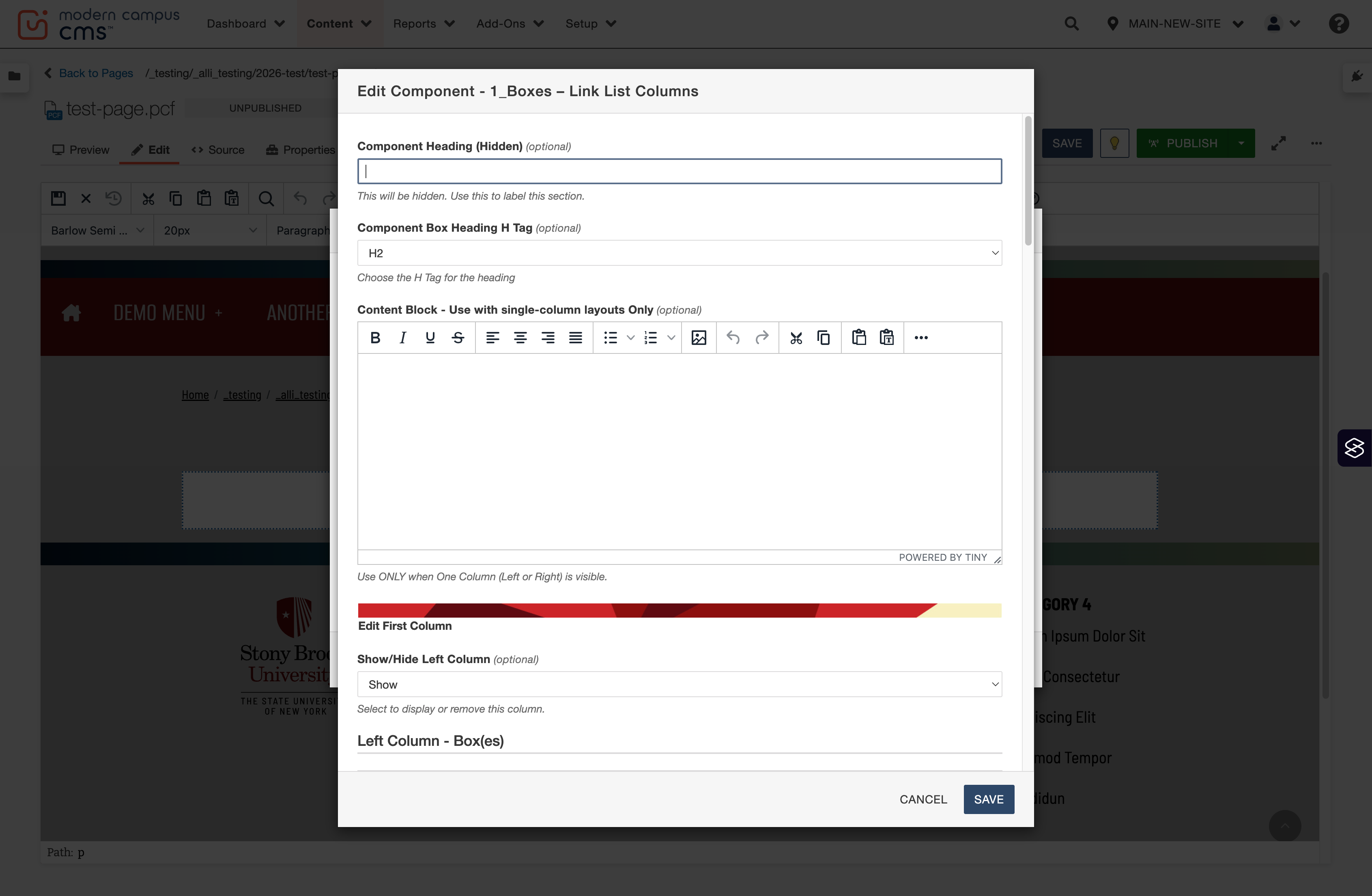 Component configuration form with the Component Heading (screen-reader heading) field highlighted.