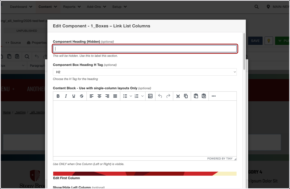 Component configuration form with the Component Heading (screen-reader heading) field highlighted.