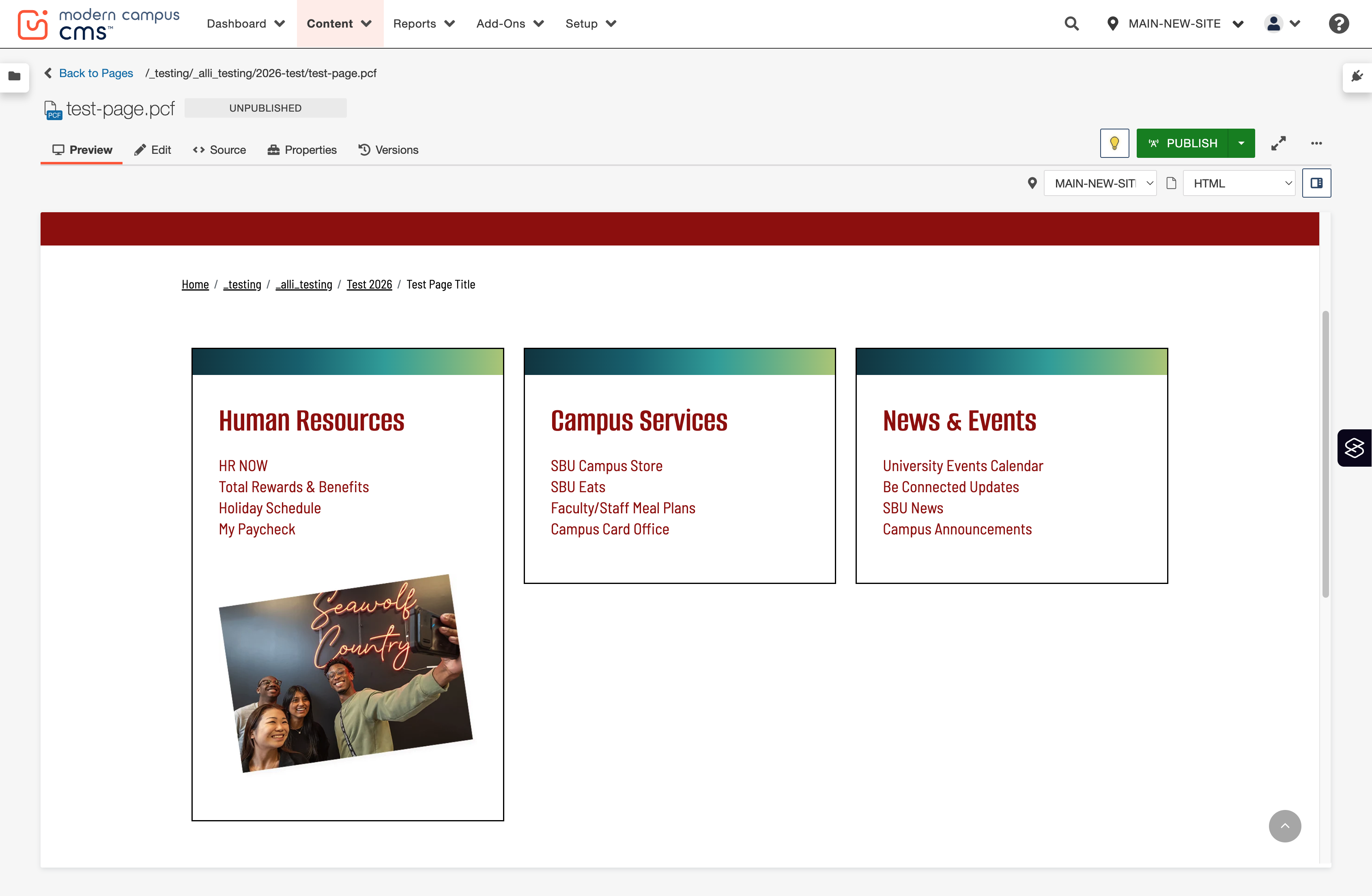 Preview of three columns of links. The first column also contains an image.