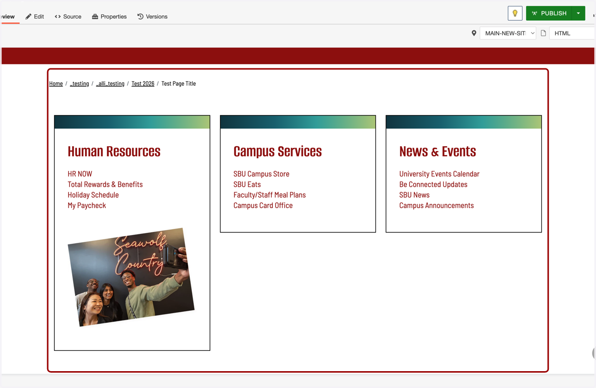 Preview of three columns of links. The first column also contains an image.