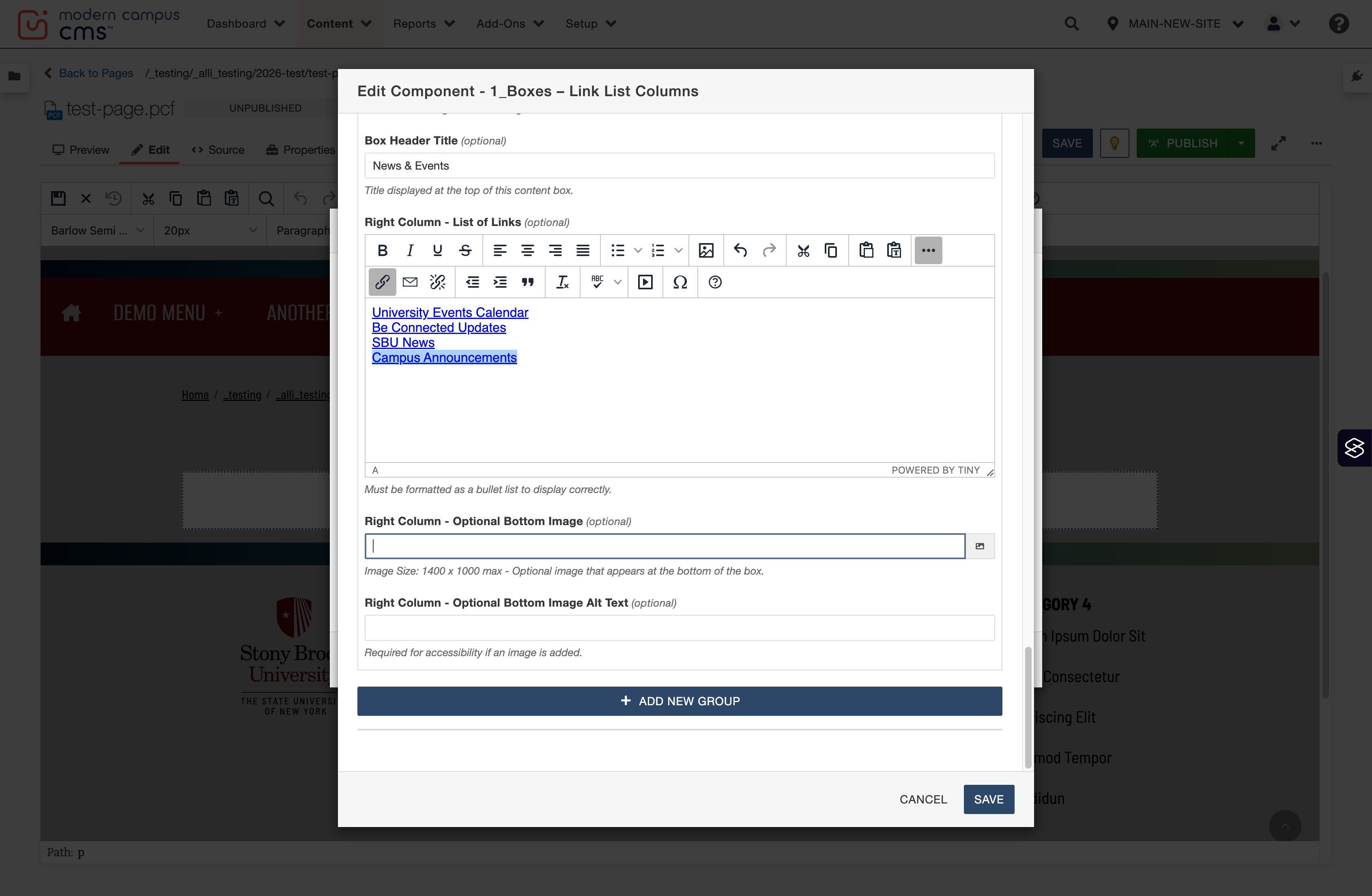 Third column link group completed, with the optional image section left blank.