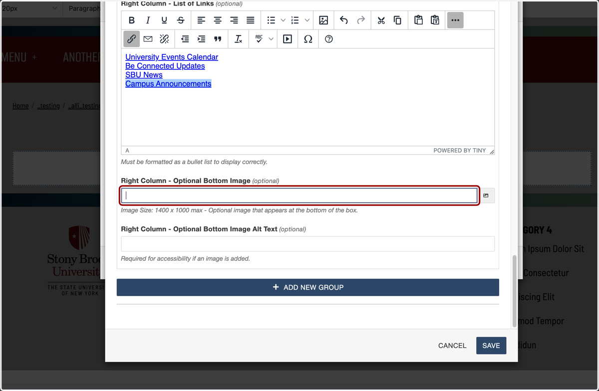 Third column link group completed, with the optional image section left blank.