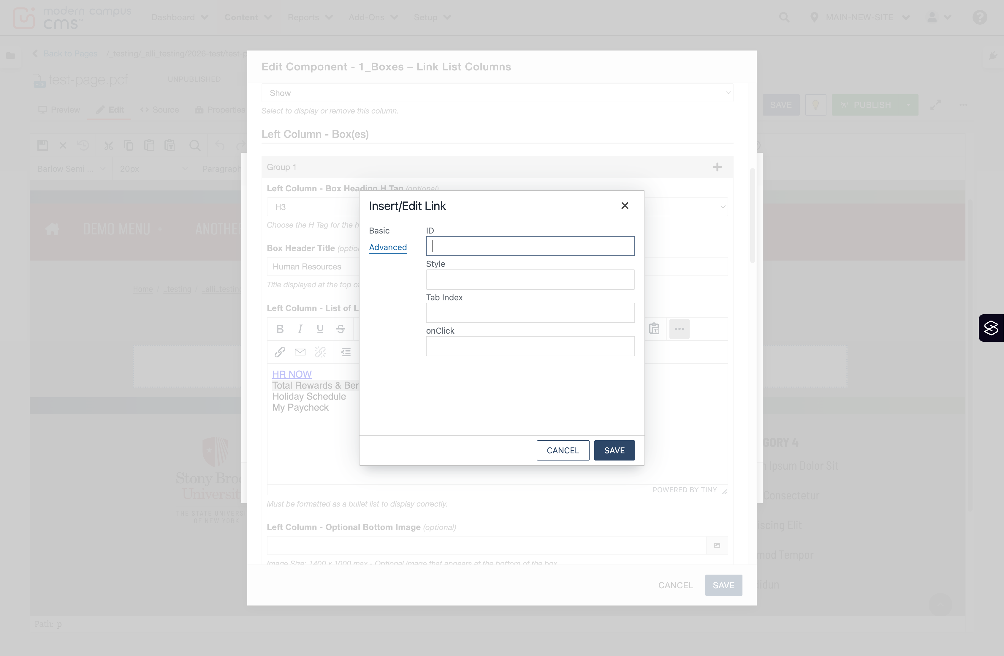 Insert/Edit Link window on the Advanced tab showing fields like ID, Style, Tab Index, and onClick.
