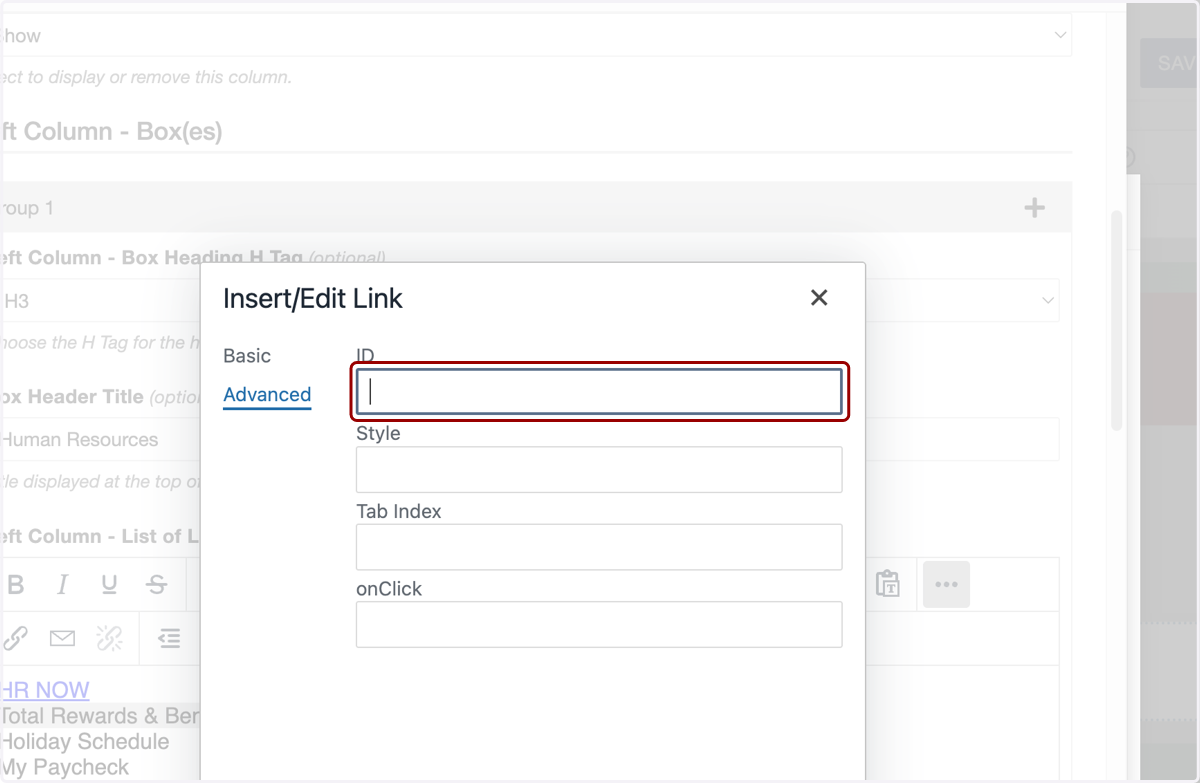 Insert/Edit Link window on the Advanced tab showing fields like ID, Style, Tab Index, and onClick.