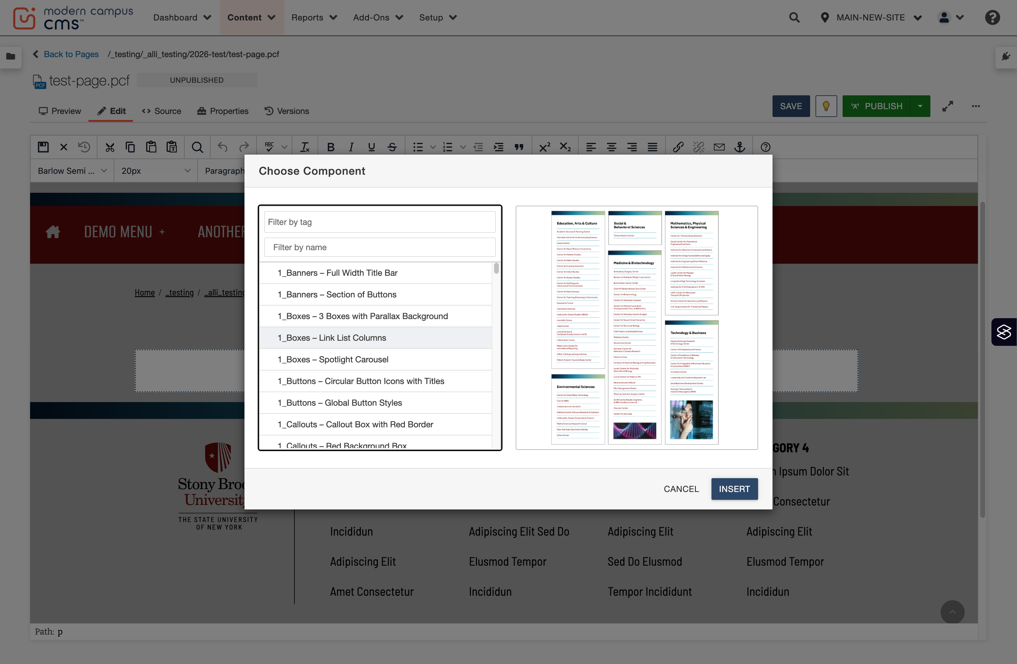 Insert confirmation view with the Insert button highlighted to add the selected component.