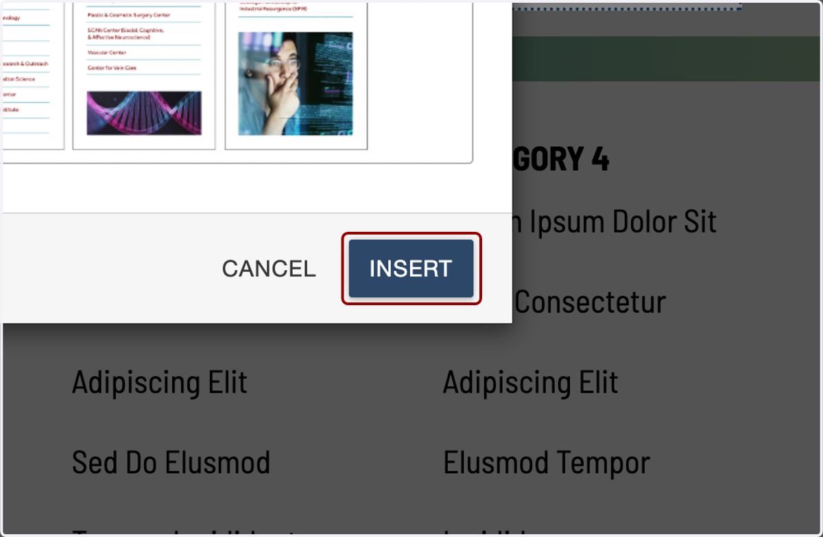 Insert confirmation view with the Insert button highlighted to add the selected component.