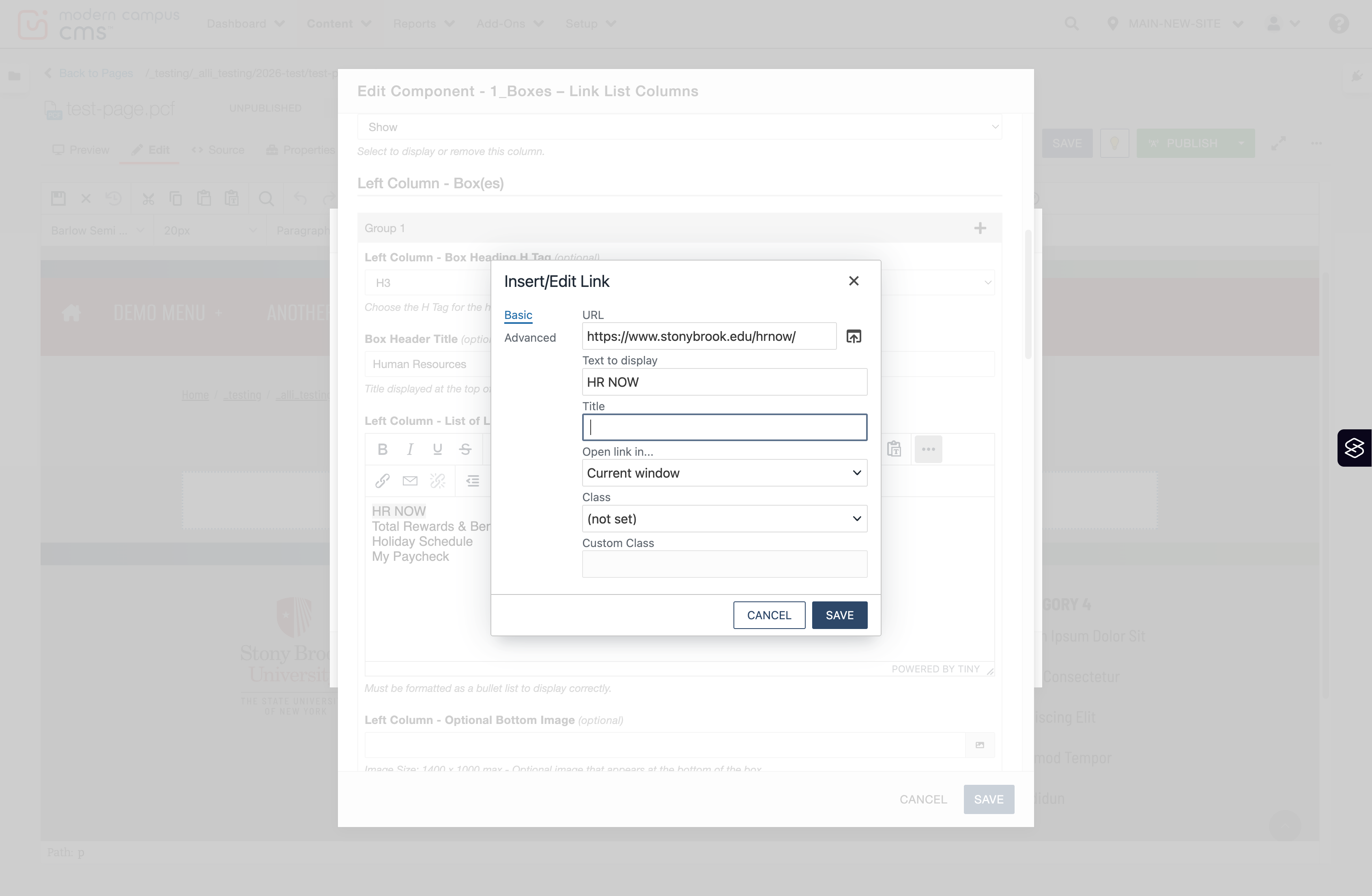 Insert/Edit Link window with the Title field visible for the optional HTML title attribute.