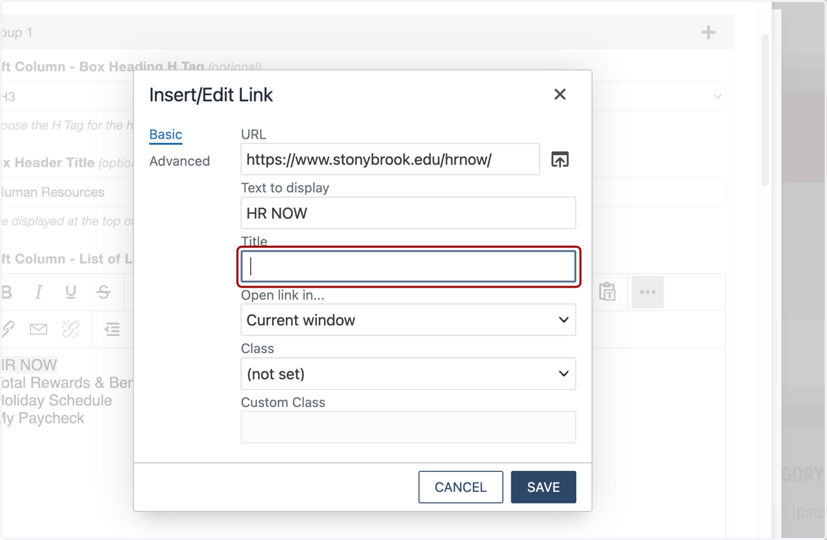 Insert/Edit Link window with the Title field visible for the optional HTML title attribute.