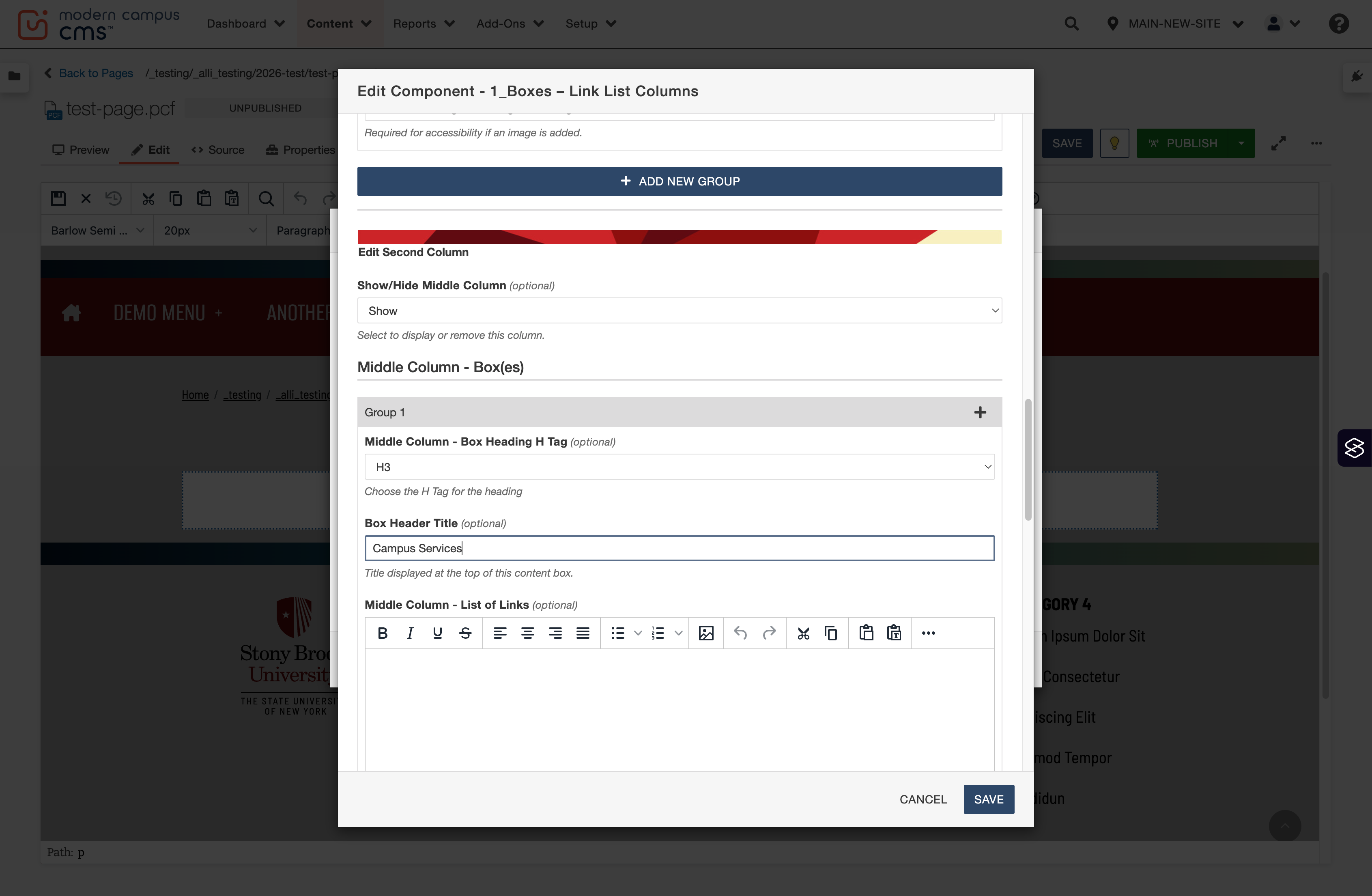Second column link group heading field populated with the title “Campus Services,” with links entered below.