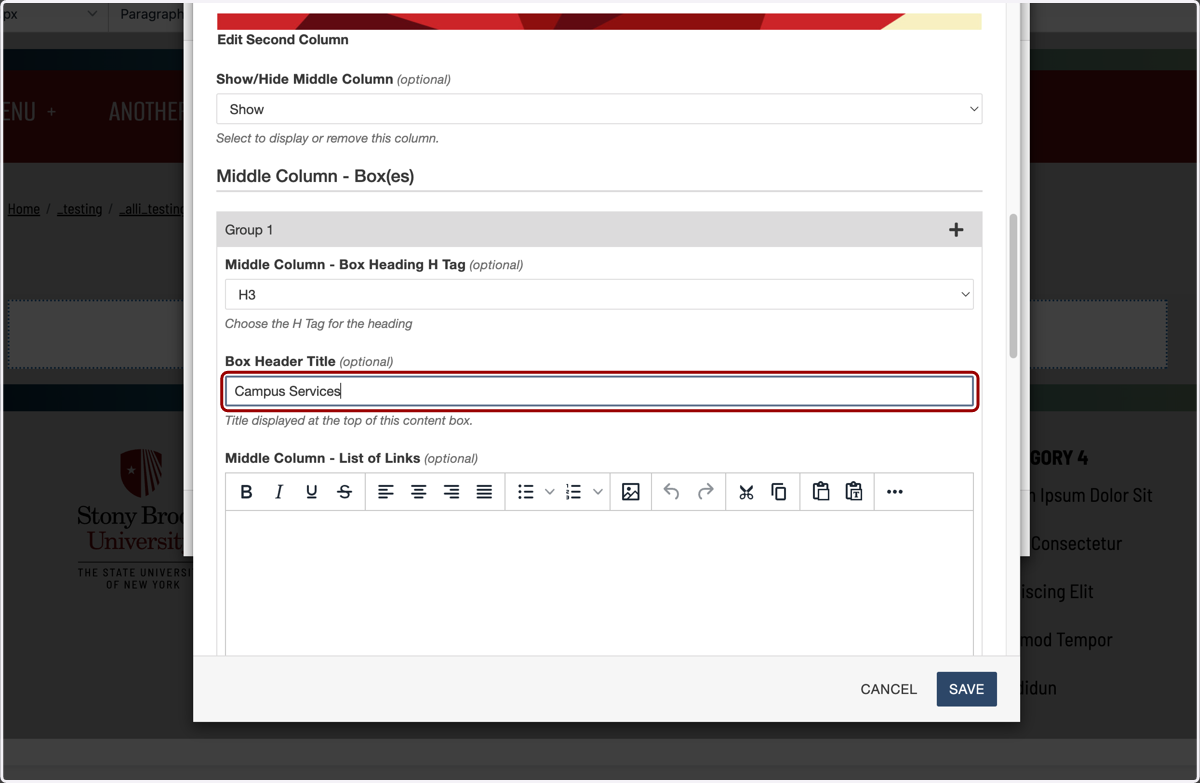 Second column link group heading field populated with the title “Campus Services,” with links entered below.