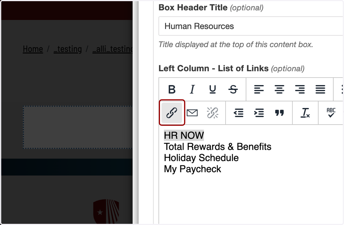 Expanded WYSIWYG toolbar showing the link (chain) icon used to add a hyperlink.