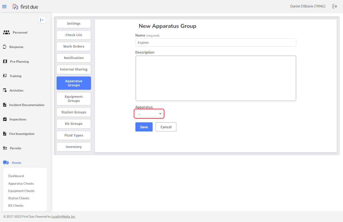 To assign apparatus to the new group. Access the dropdown menu in the Apparatus field. 