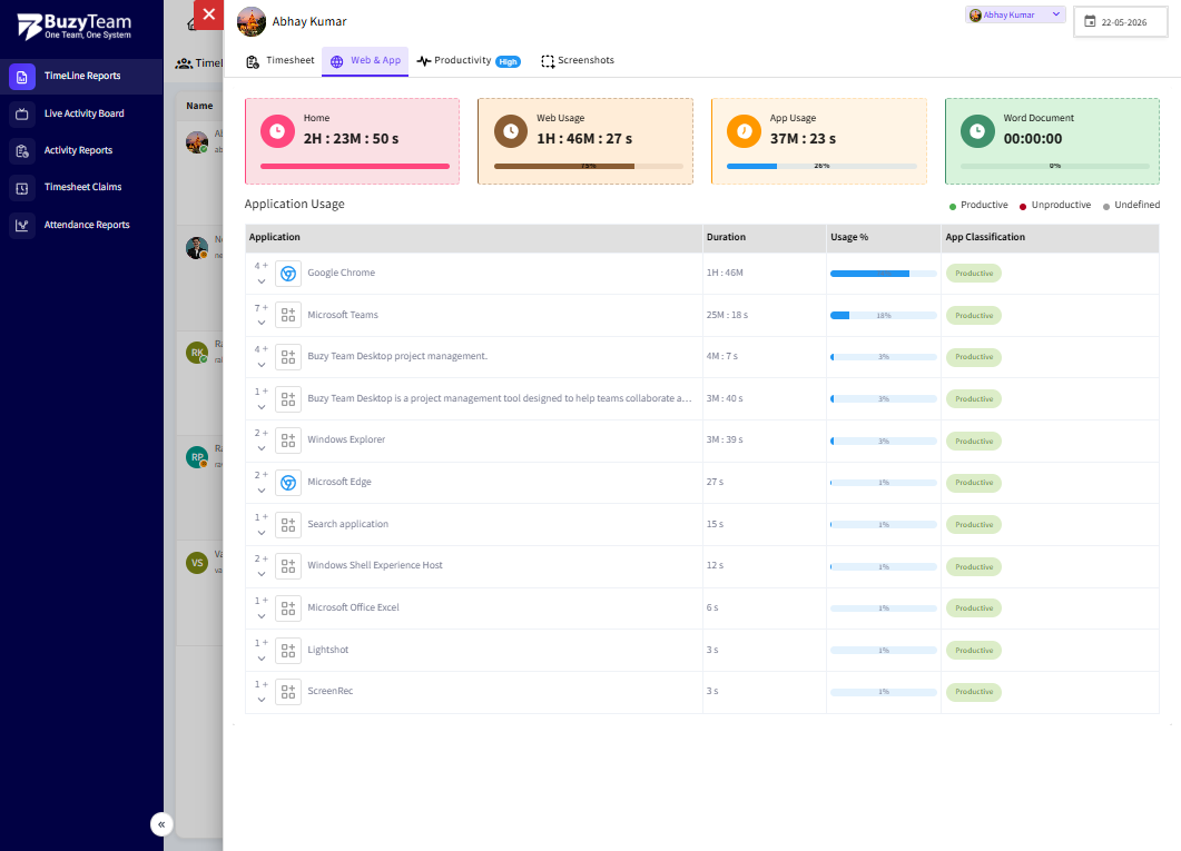 Web & App: Shows usage of websites and applications with duration and productivity classification (Productive / Unproductive / Undefined).