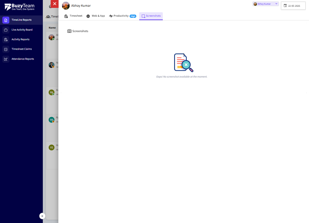Screenshots: View all screenshots captured during the workday (if the feature is enabled).