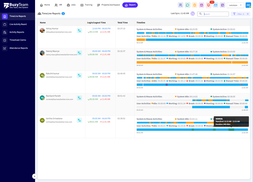 Manual Time (Green): Time manually added or adjusted by the user/manager.