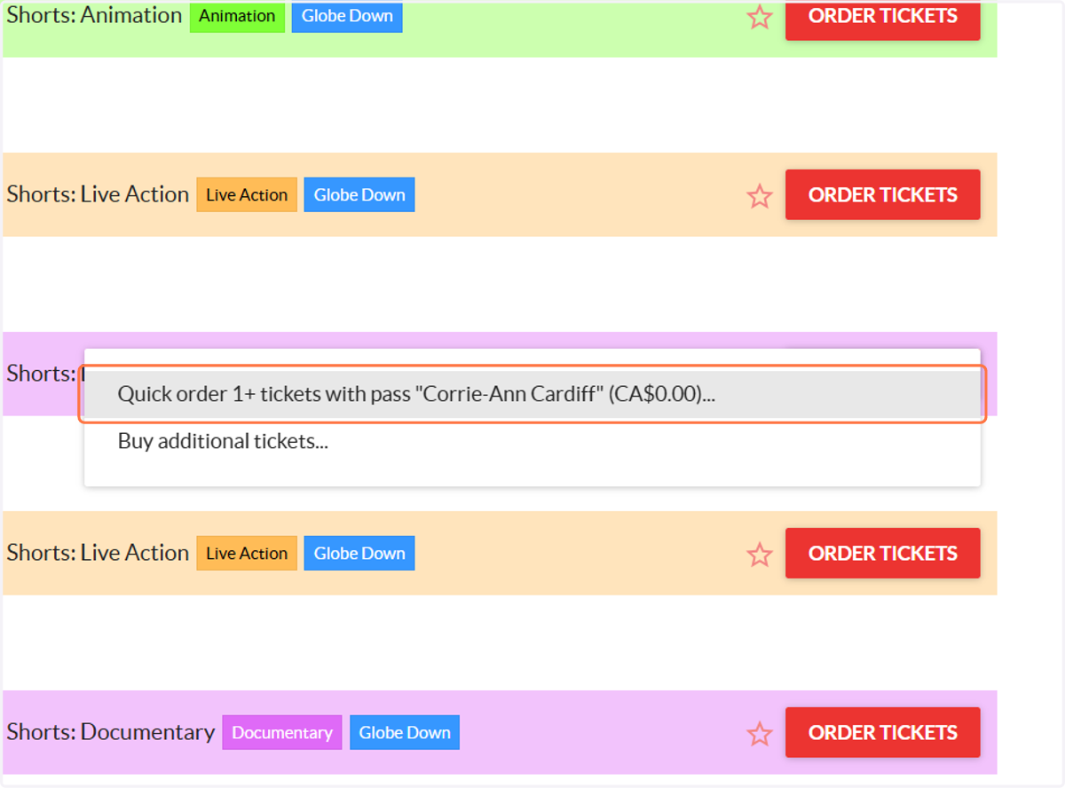 Click on Quick order 1+ tickets with pass