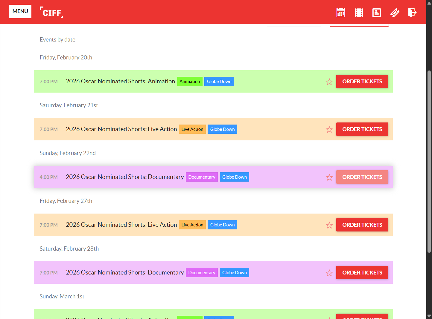 There will be a long list of films you can reserve, find the one that you want to see and Click on ORDER TICKETS