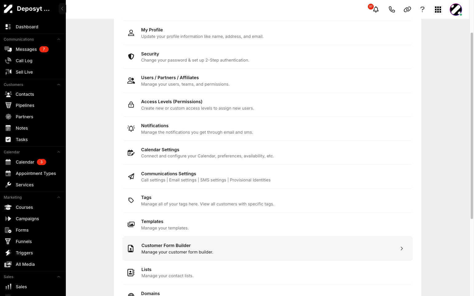 Step 3: You will then be taken to the Settings page. Click on Customer Form Builder to continue.