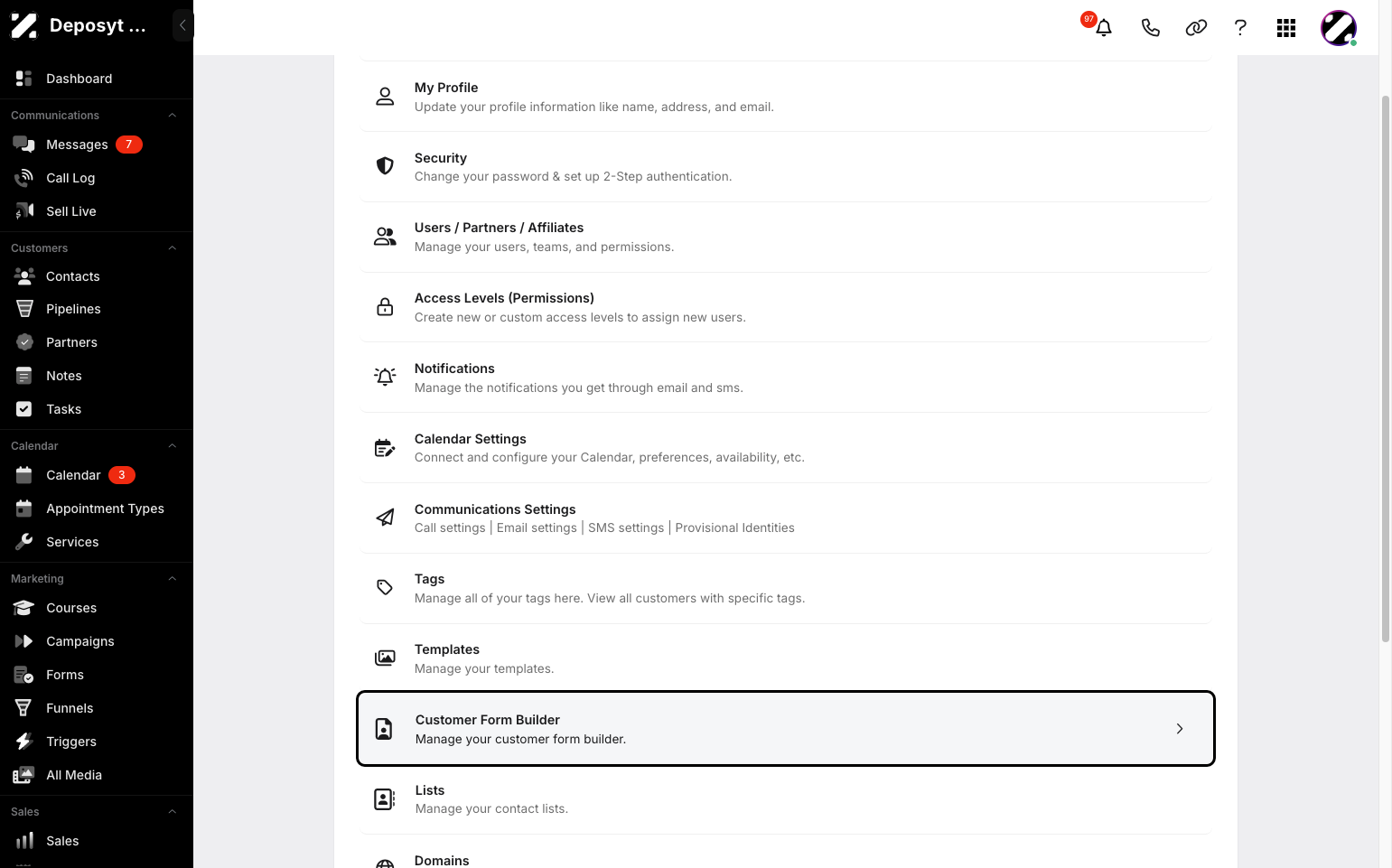 Step 3: You will then be taken to the Settings page. Click on Customer Form Builder to continue.