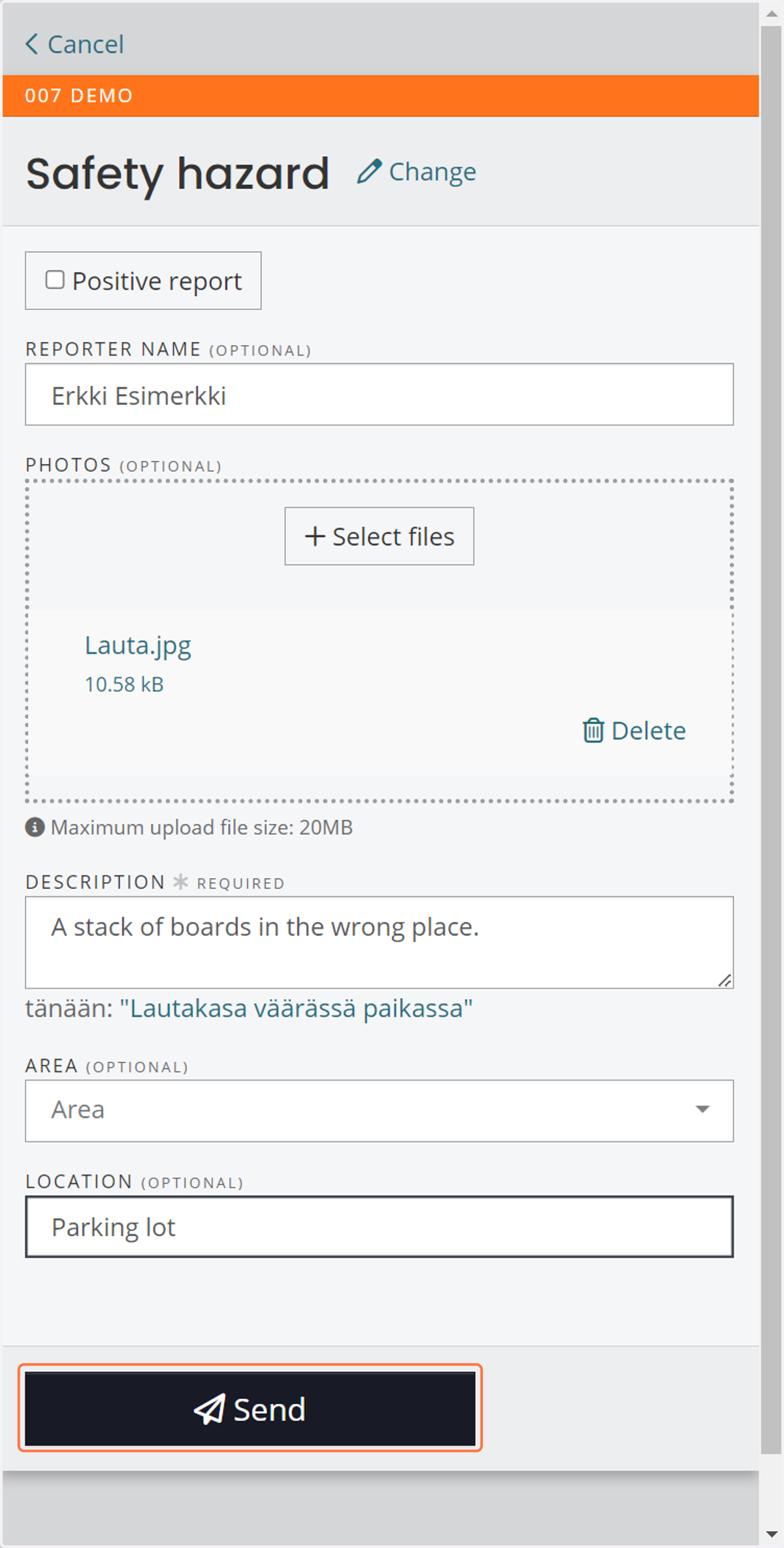 Record the information and select Send.