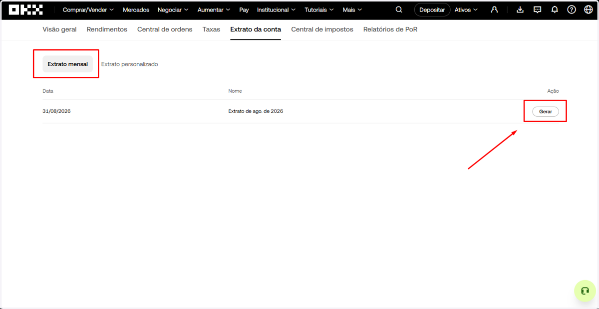 Em Extrato mensal, clique em Gerar no mês desejado