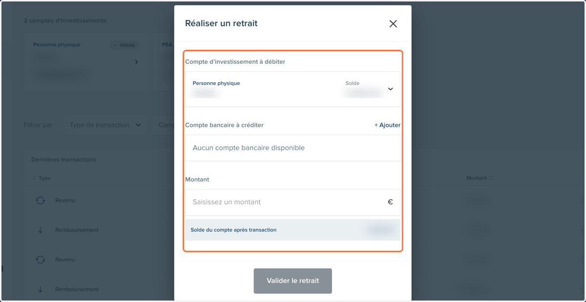 Choisir le compte d'investissement à débiter, le compte bancaire à créditer et le montant à retirer.