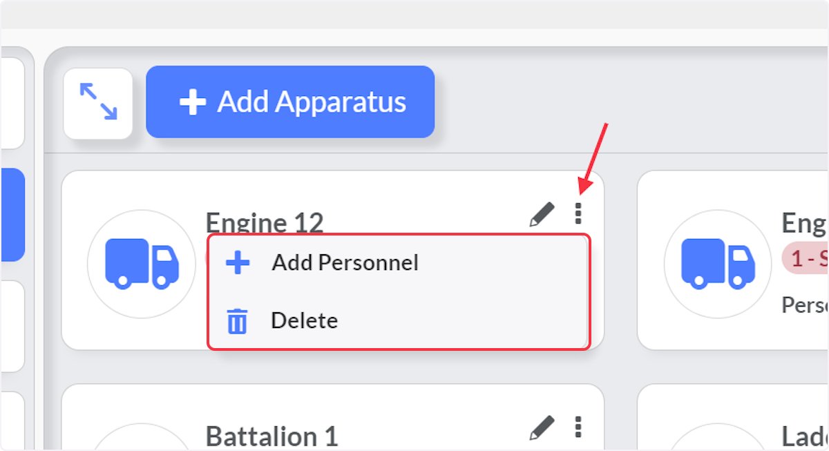 By selecting on the three dots you are able to add personnel or delete that apparatus.