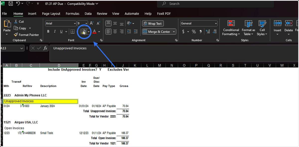 Click on any Vendors with the Unapproved Invoices and Highlight them