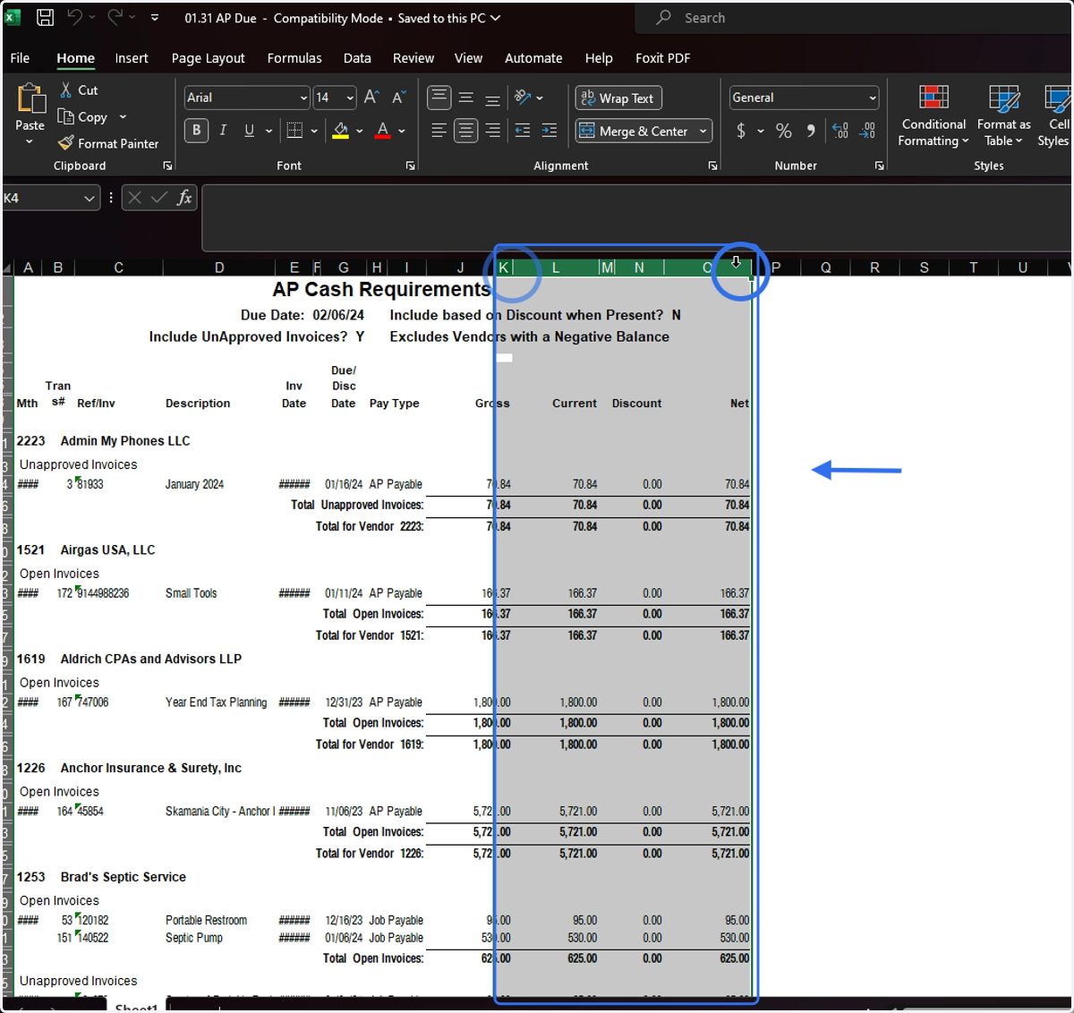 Delete Columns K through O - right click and delete