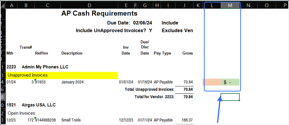 Minimize column K and paste the sample formula from the Cash Forecast Template