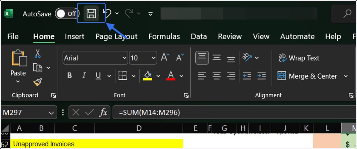 Hit the save button to save your work on your Cash Forecast Ap Due Tab