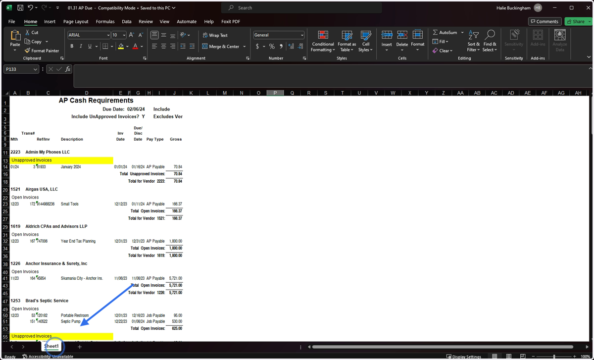 Grab the tab of your AP Due Report and Drag into your Cash Forecast Excel
