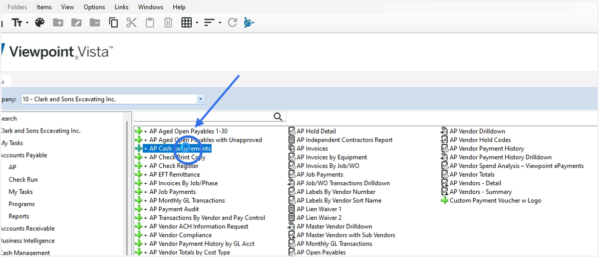 Accounts Payable> Reports> +AP Cash Requirements