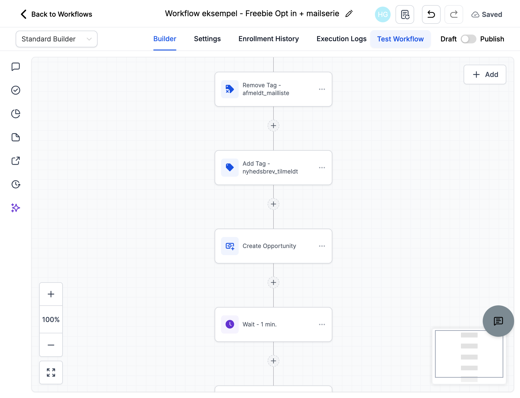 Nu er dit workflow opdateret og vil automatisk oprette et nyt lead i din pipeline.