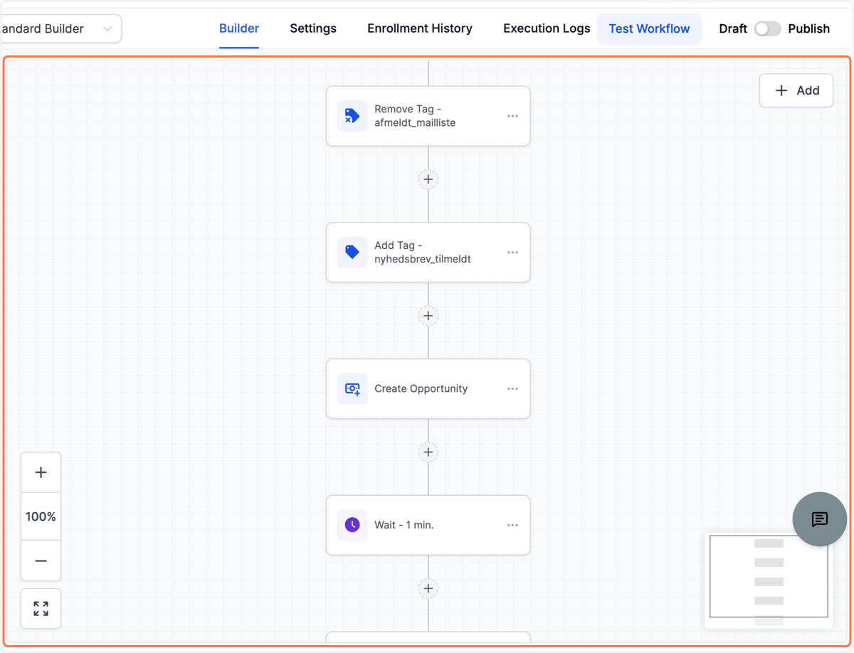 Nu er dit workflow opdateret og vil automatisk oprette et nyt lead i din pipeline.