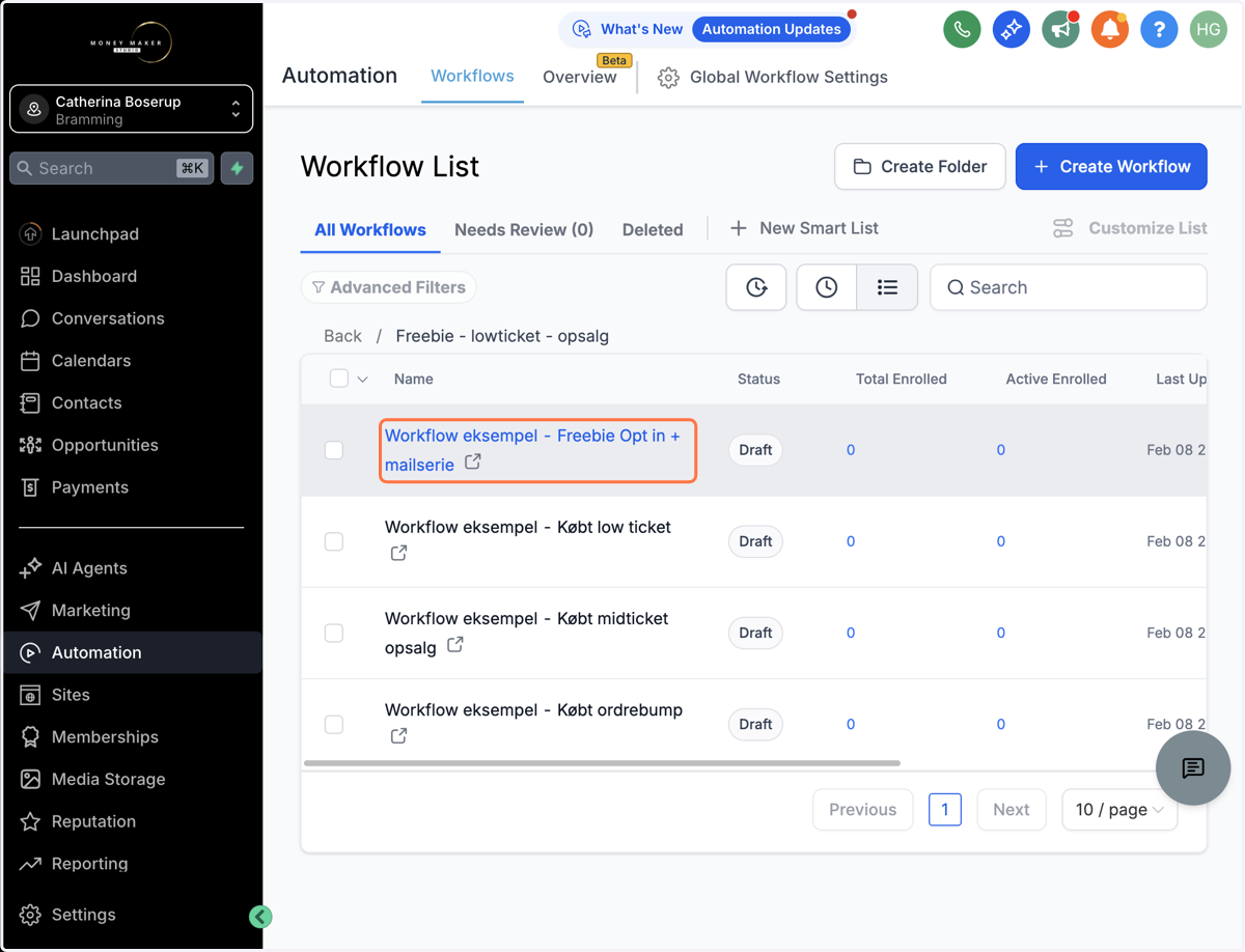 Gå til det workflow, som starter din pipeline fx tilmelding til en freebie
