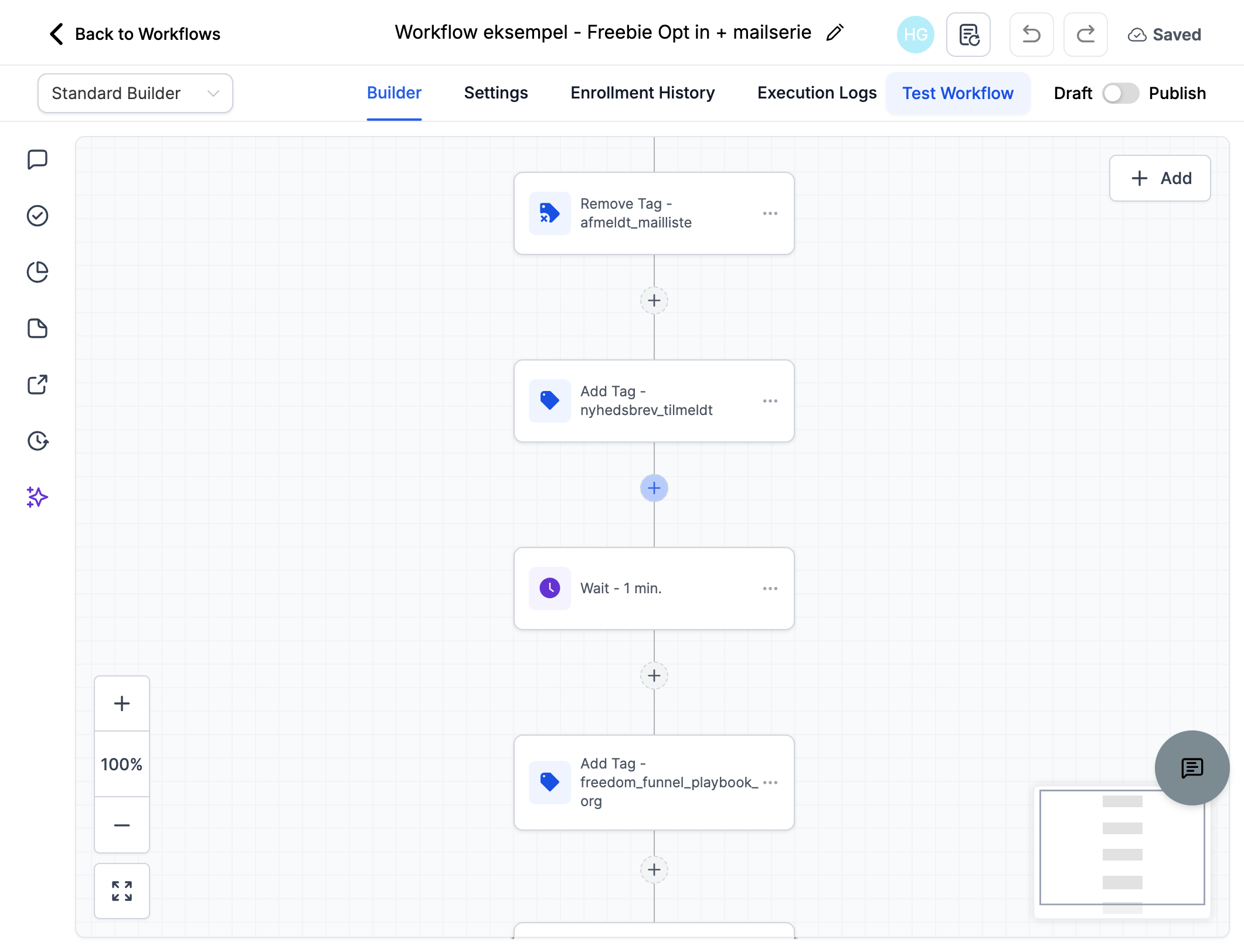 I starten af dit workflow klik på +Add action