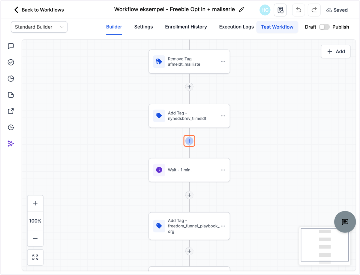 I starten af dit workflow klik på +Add action