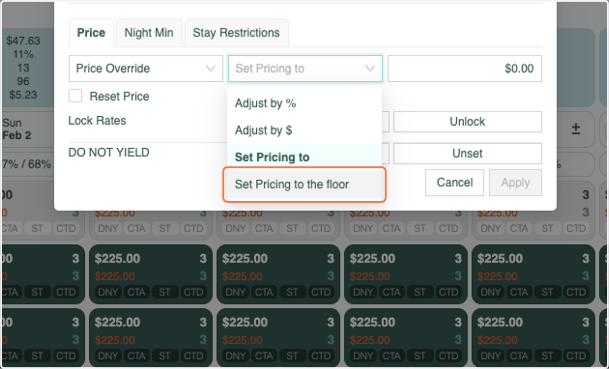 On the Price tab keep Price Overide and select Set Pricing to the floor
