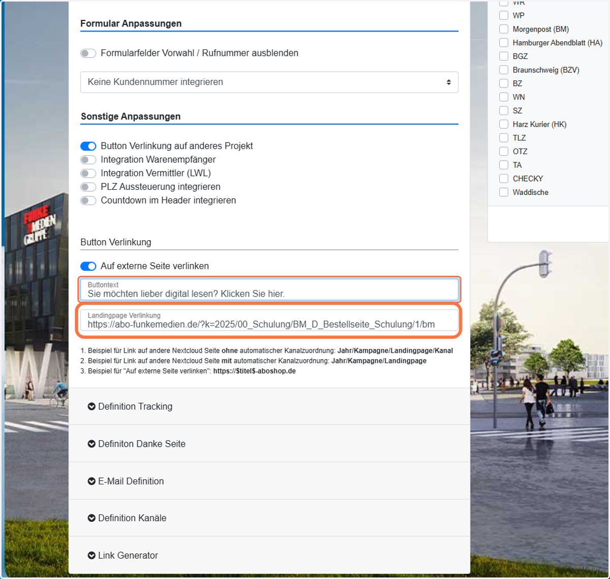 Dann CTA-Text und externe URL einfügen.