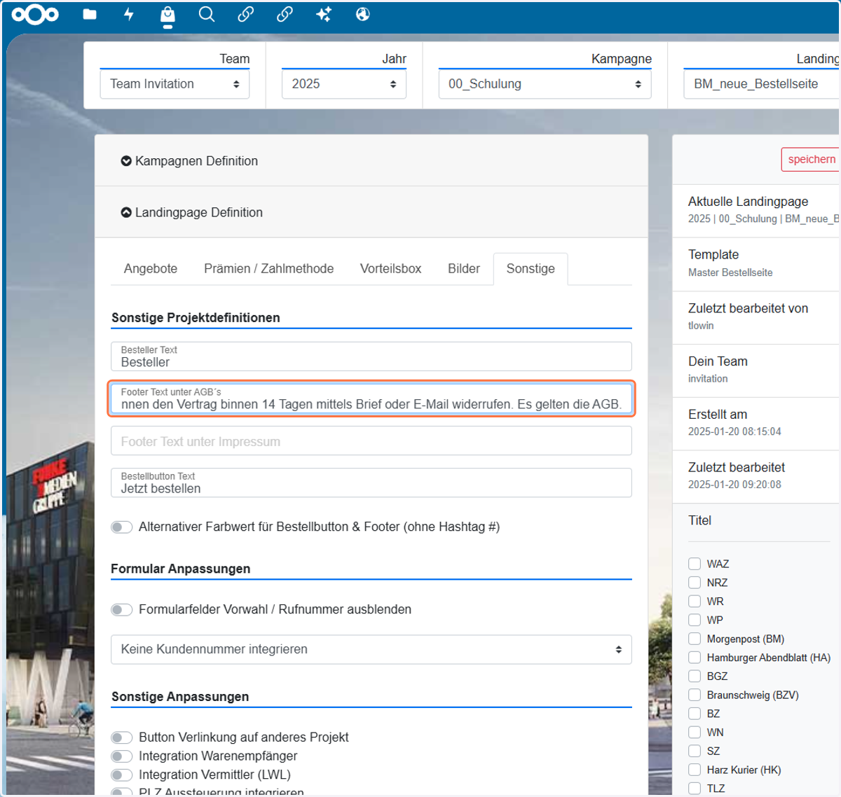 Hier könnt ihr die kurzen Vertragsbedingungen eintragen.