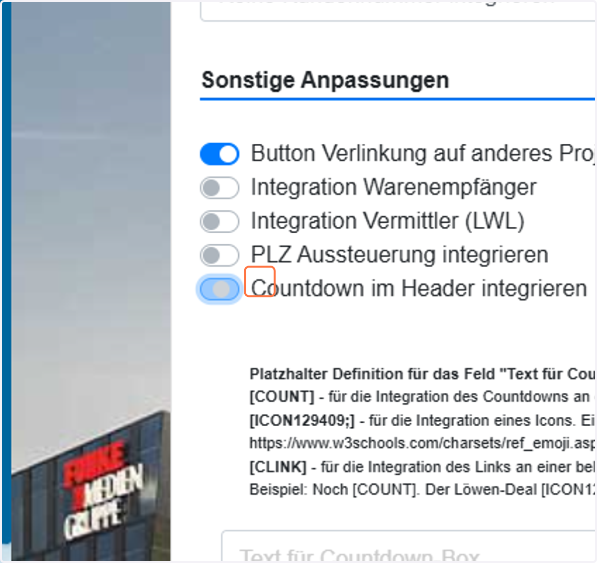 Uncheck Countdown im Header integrieren