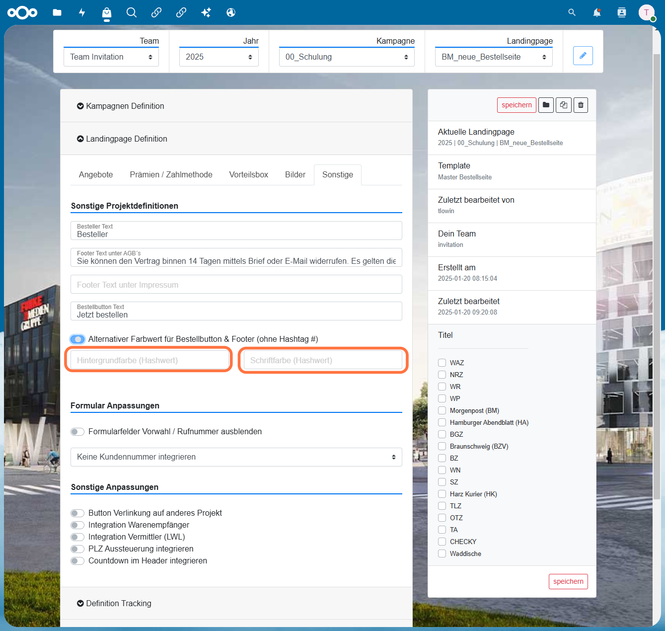 OPTIONAL: Soll der CTA eine andere Farbe haben als standardmäßig, kann die Farbe hier geändert werden. Dann hier die gewünschten Farben via Hexcode bei Hintergrundfarbe und Schriftfarbe eintragen. WICHTIG: ohne #