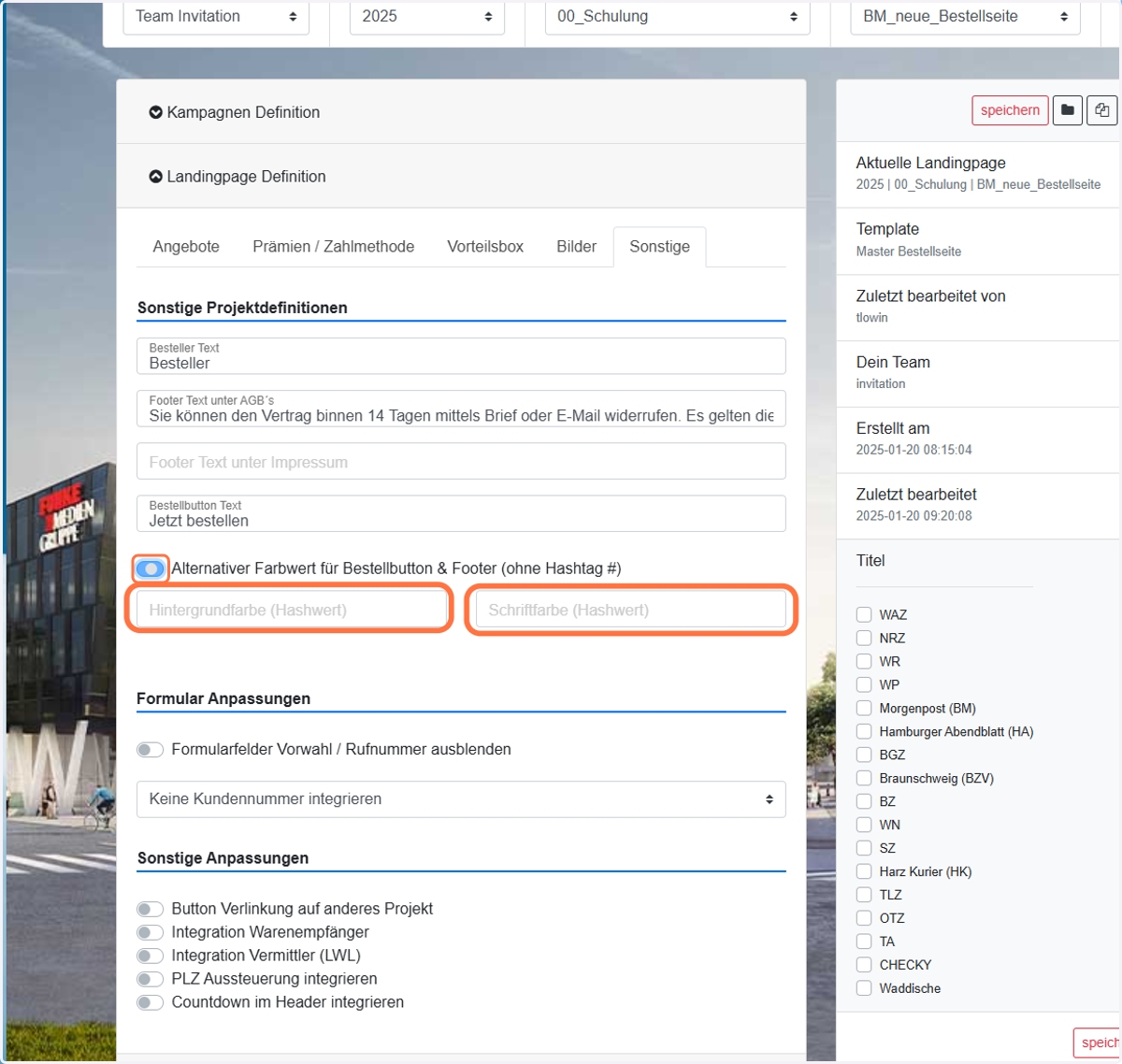 OPTIONAL: Soll der CTA eine andere Farbe haben als standardmäßig, kann die Farbe hier geändert werden. Dann hier die gewünschten Farben via Hexcode bei Hintergrundfarbe und Schriftfarbe eintragen. WICHTIG: ohne #