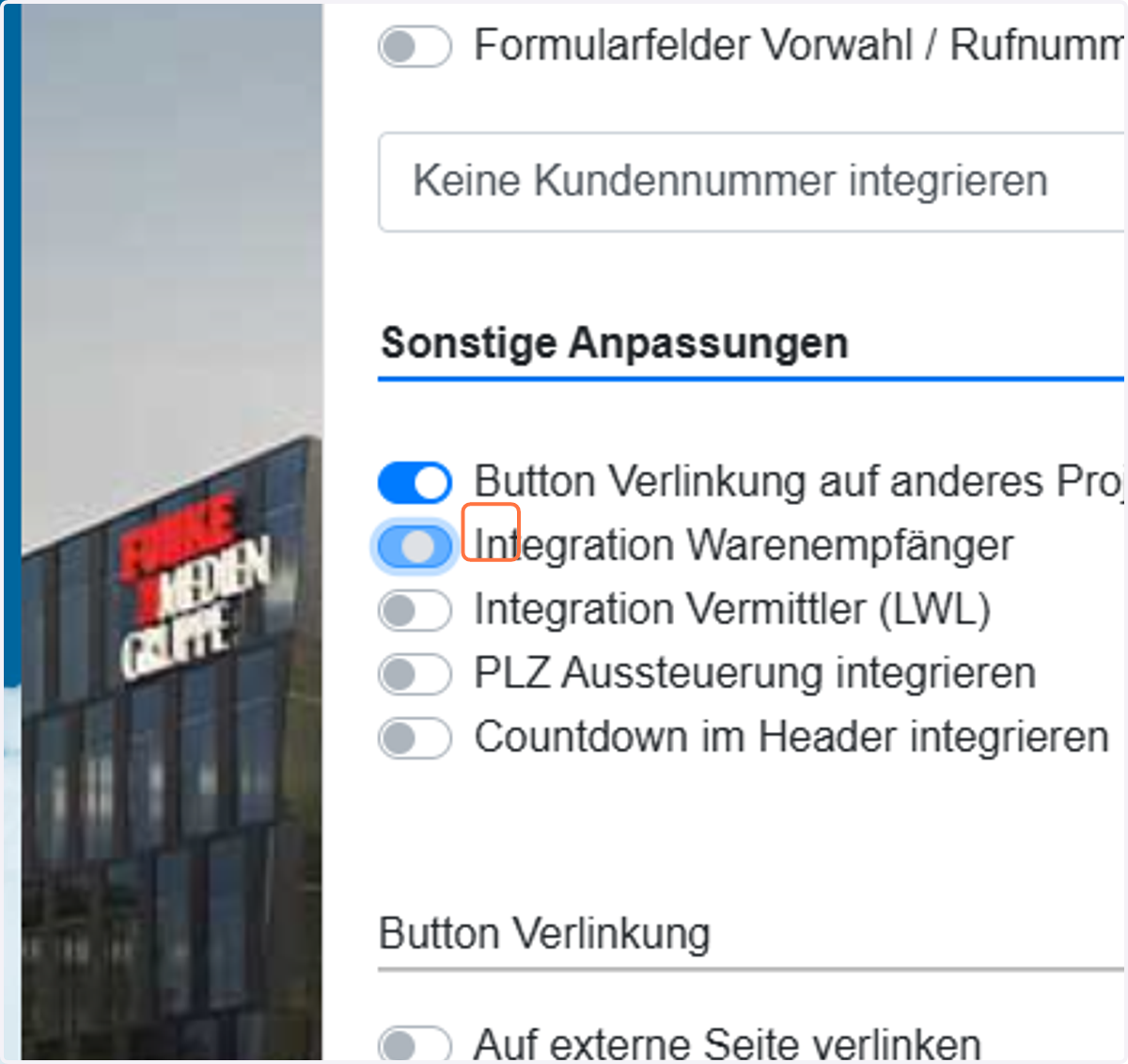 Uncheck Integration Warenempfänger