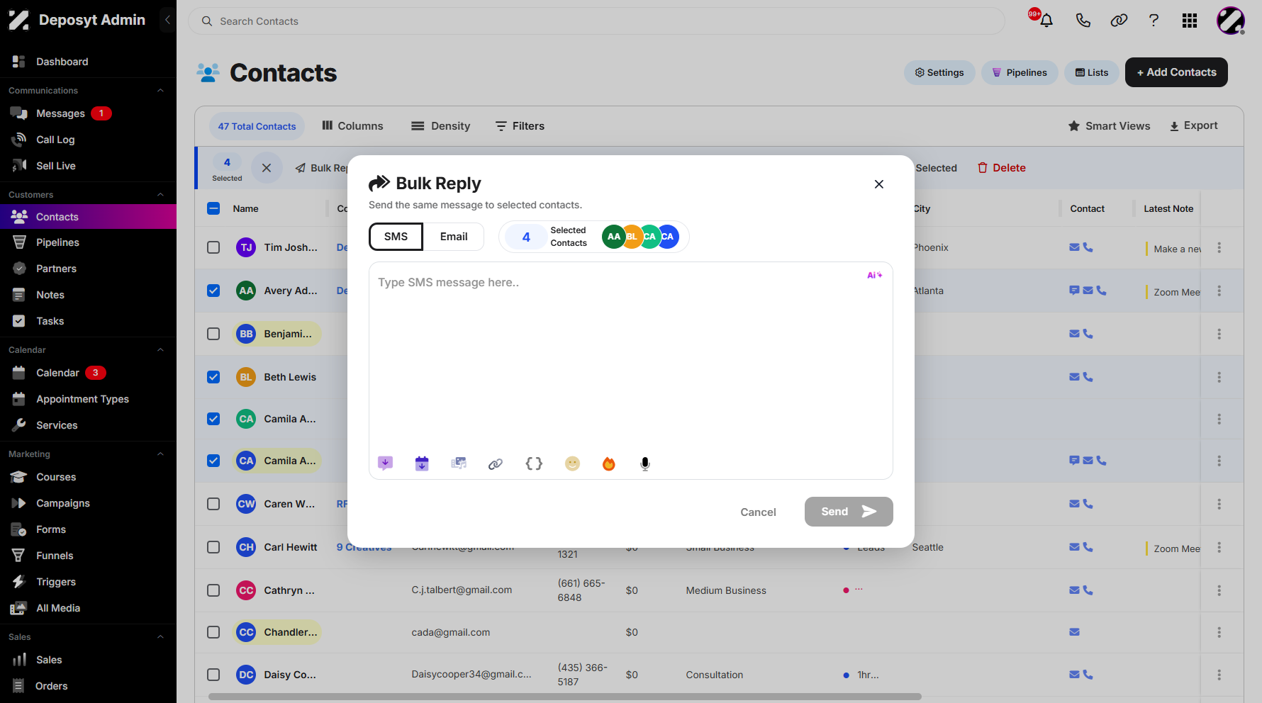 Step 6: A pop-up window will appear, allowing you to enter your SMS reply for all the selected call history entries.