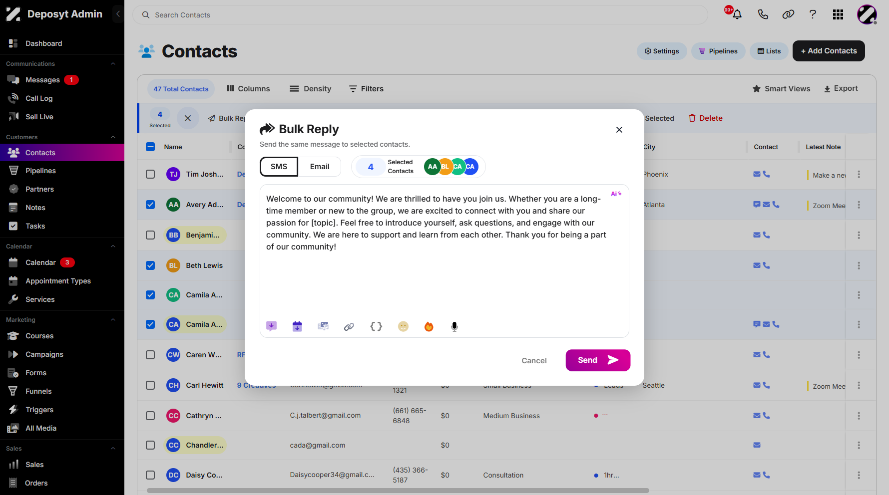 Step 8: After composing your SMS, click Send. This feature allows you to message multiple customers with a single response.