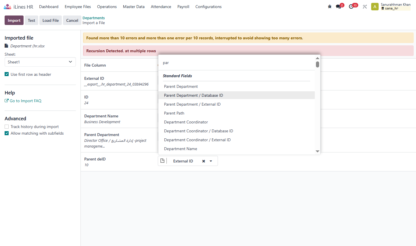 Click on Parent Department / Database ID