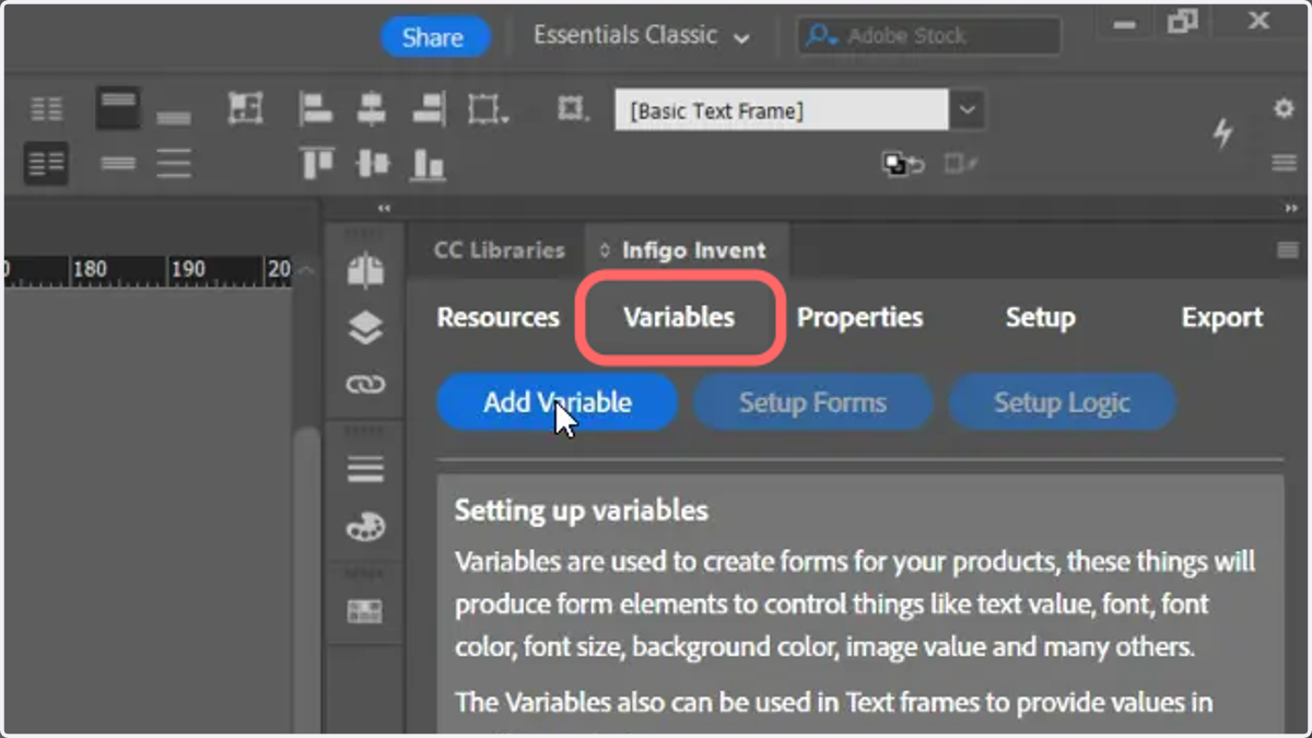 To begin, click the Variables tab within the Invent plugin in InDesign